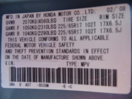 2008 HONDA CR-V EX-L SKY BLUE 2.4L AT 4WD A18747